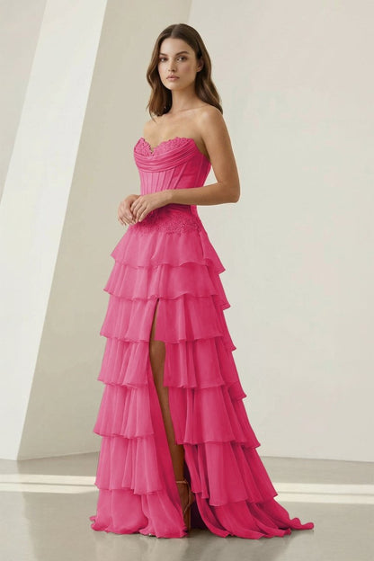 Sweetheart Chiffon Tiered A-Line Prom Dress Off-Shoulder Sleeveless Applique Party Gowns