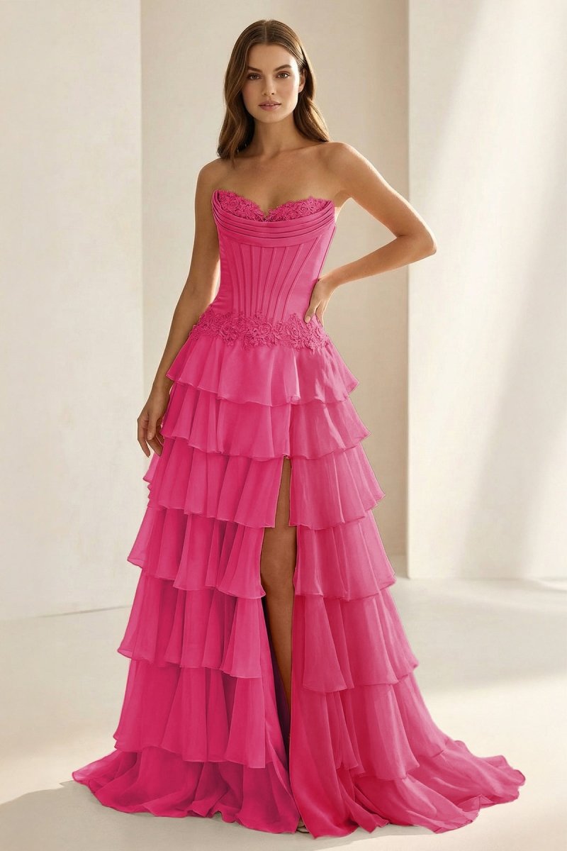 Sweetheart Chiffon Tiered A-Line Prom Dress Off-Shoulder Sleeveless Applique Party Gowns