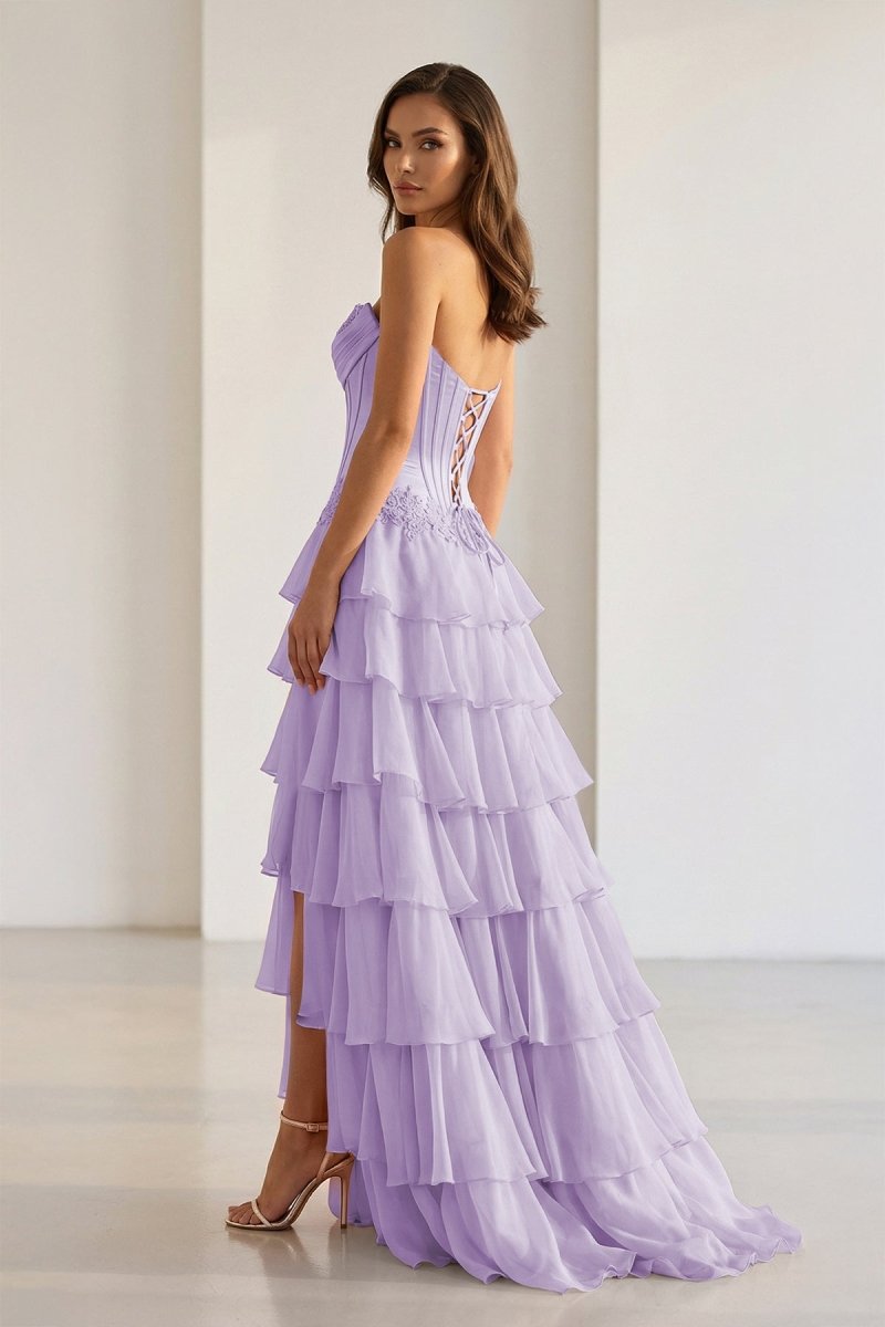 Sweetheart Chiffon Tiered A-Line Prom Dress Off-Shoulder Sleeveless Applique Party Gowns