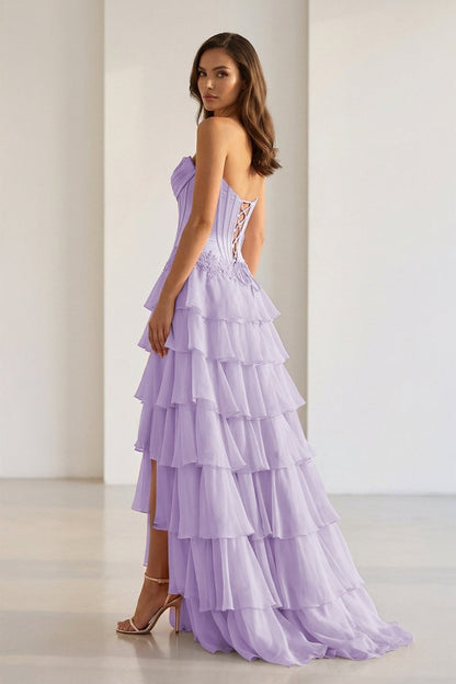 Sweetheart Chiffon Tiered A-Line Prom Dress Off-Shoulder Sleeveless Applique Party Gowns