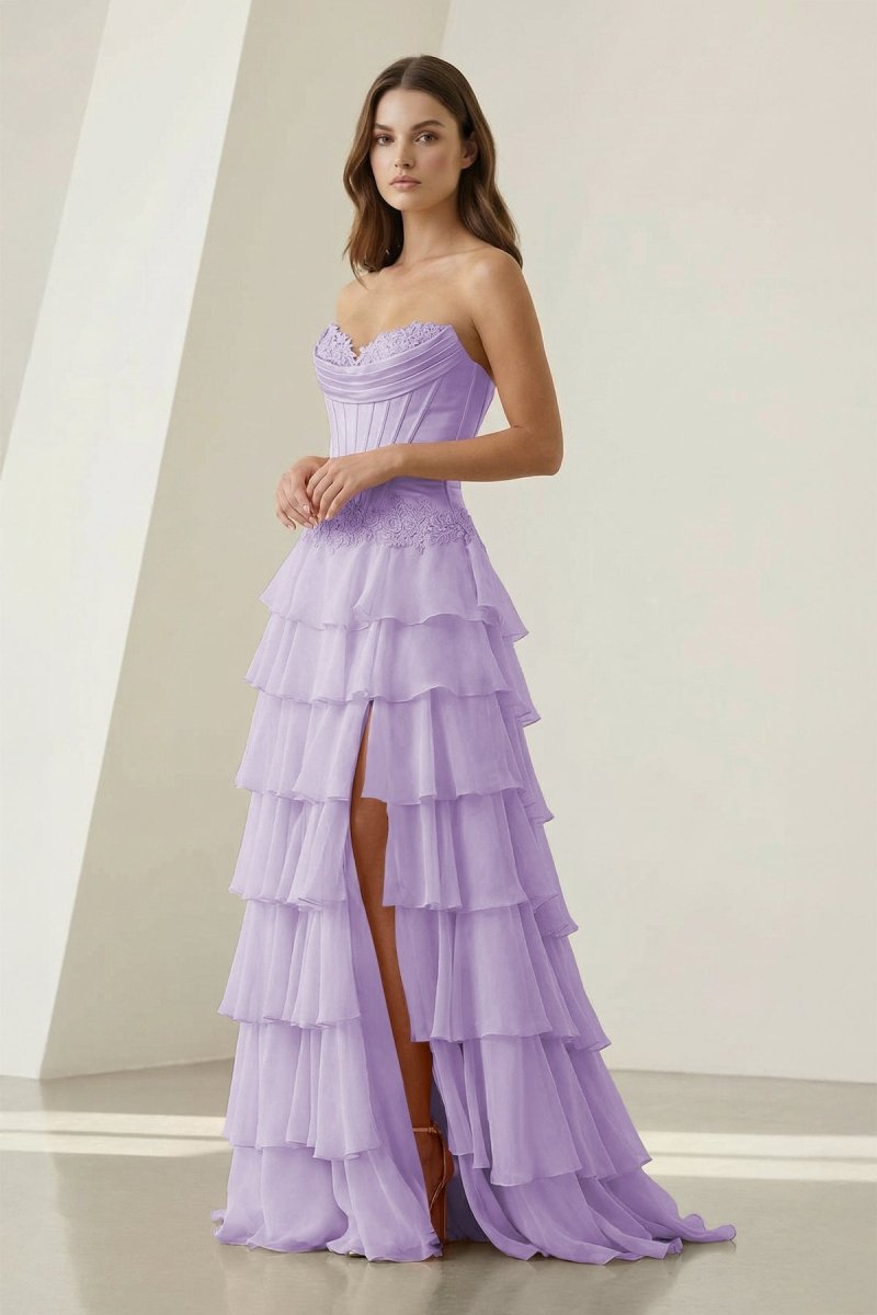 Sweetheart Chiffon Tiered A-Line Prom Dress Off-Shoulder Sleeveless Applique Party Gowns