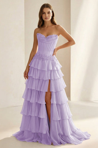 Sweetheart Chiffon Tiered A-Line Prom Dress Off-Shoulder Sleeveless Applique Party Gowns