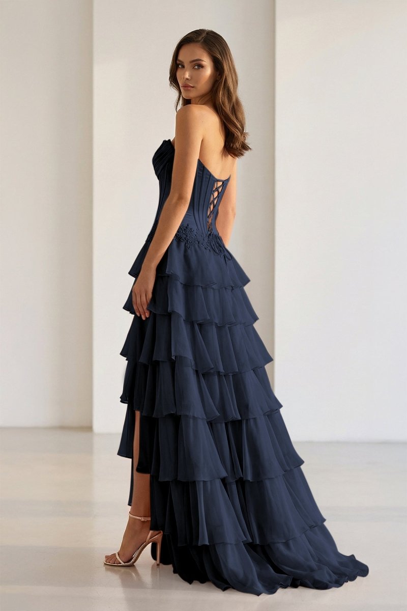 Sweetheart Chiffon Tiered A-Line Prom Dress Off-Shoulder Sleeveless Applique Party Gowns