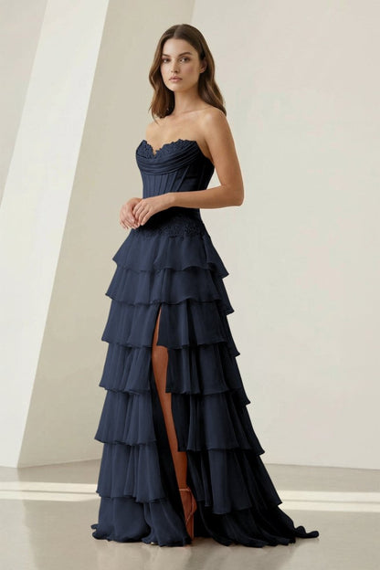 Sweetheart Chiffon Tiered A-Line Prom Dress Off-Shoulder Sleeveless Applique Party Gowns