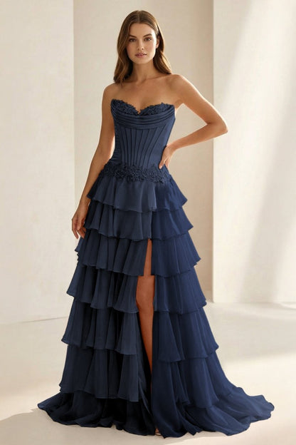 Sweetheart Chiffon Tiered A-Line Prom Dress Off-Shoulder Sleeveless Applique Party Gowns