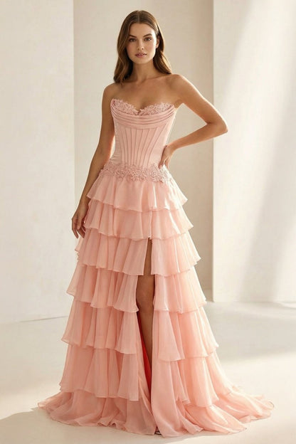 Sweetheart Chiffon Tiered A-Line Prom Dress Off-Shoulder Sleeveless Applique Party Gowns