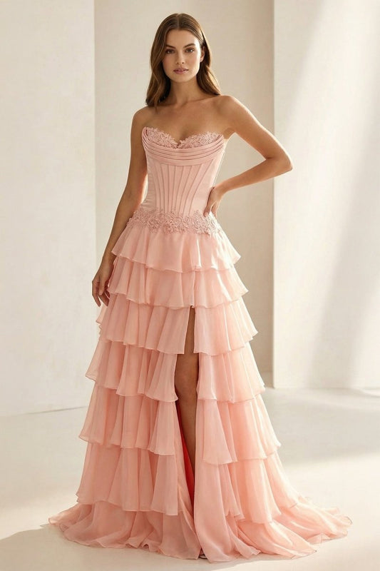 Sweetheart Chiffon Tiered A-Line Prom Dress Off-Shoulder Sleeveless Applique Party Gowns