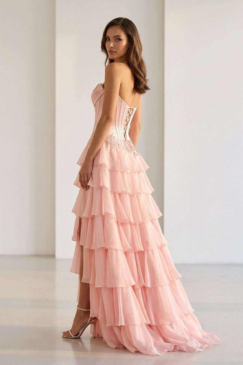 Sweetheart Chiffon Tiered A-Line Prom Dress Off-Shoulder Sleeveless Applique Party Gowns