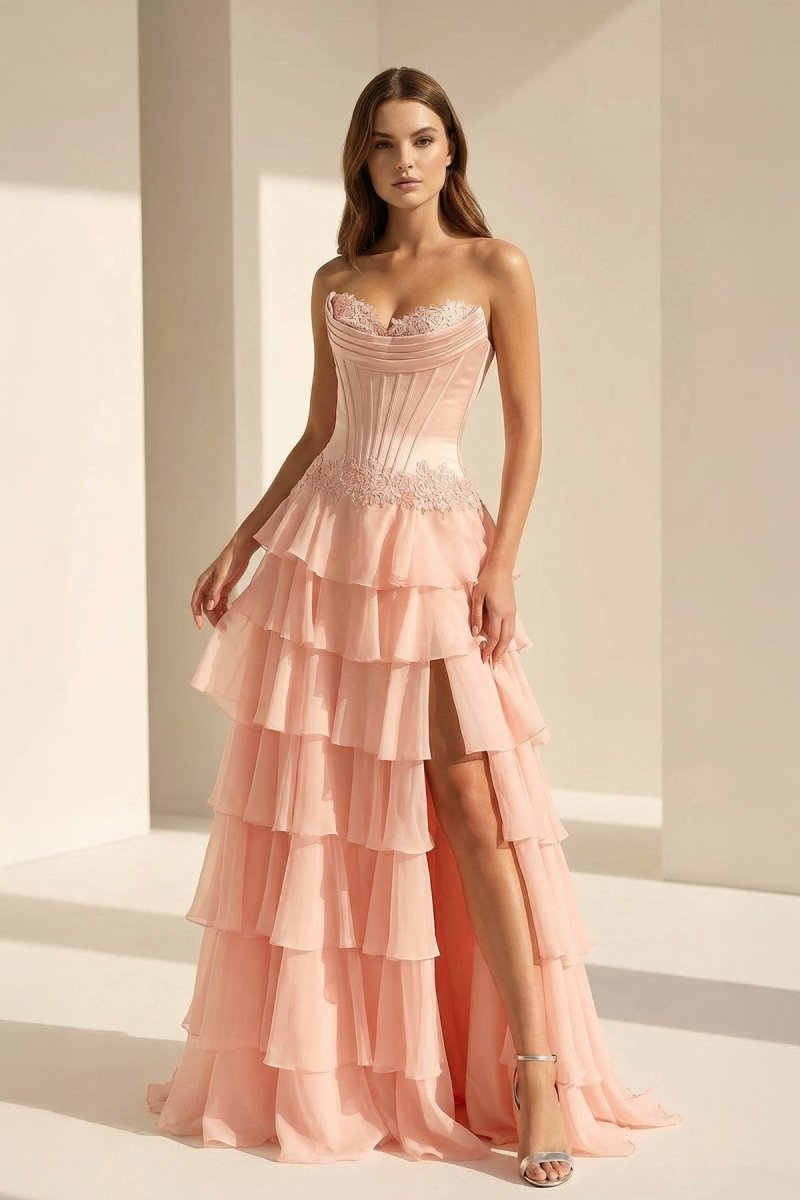 Sweetheart Chiffon Tiered A-Line Prom Dress Off-Shoulder Sleeveless Applique Party Gowns