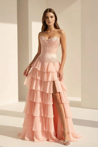 Sweetheart Chiffon Tiered A-Line Prom Dress Off-Shoulder Sleeveless Applique Party Gowns