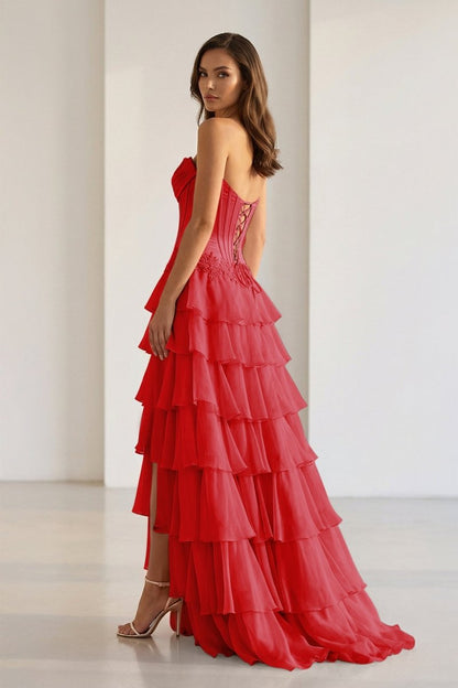 Sweetheart Chiffon Tiered A-Line Prom Dress Off-Shoulder Sleeveless Applique Party Gowns