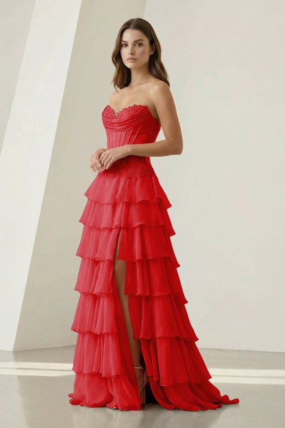 Sweetheart Chiffon Tiered A-Line Prom Dress Off-Shoulder Sleeveless Applique Party Gowns