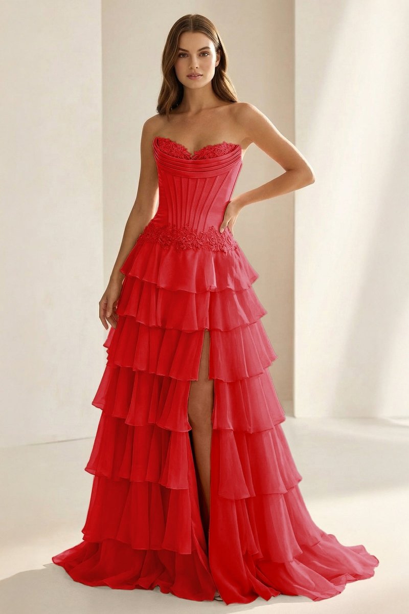 Sweetheart Chiffon Tiered A-Line Prom Dress Off-Shoulder Sleeveless Applique Party Gowns