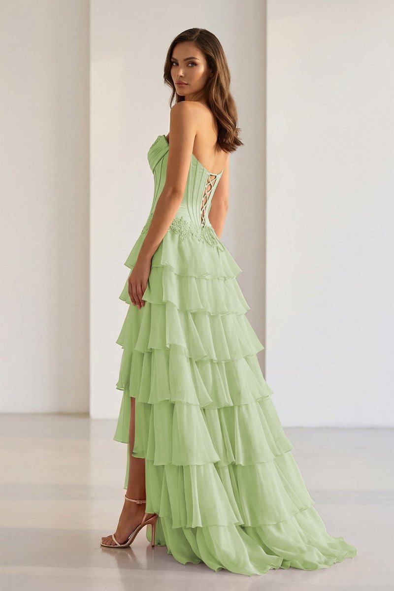 Sweetheart Chiffon Tiered A-Line Prom Dress Off-Shoulder Sleeveless Applique Party Gowns