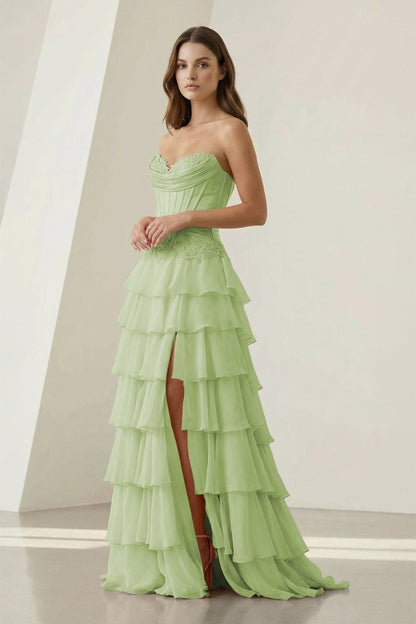Sweetheart Chiffon Tiered A-Line Prom Dress Off-Shoulder Sleeveless Applique Party Gowns