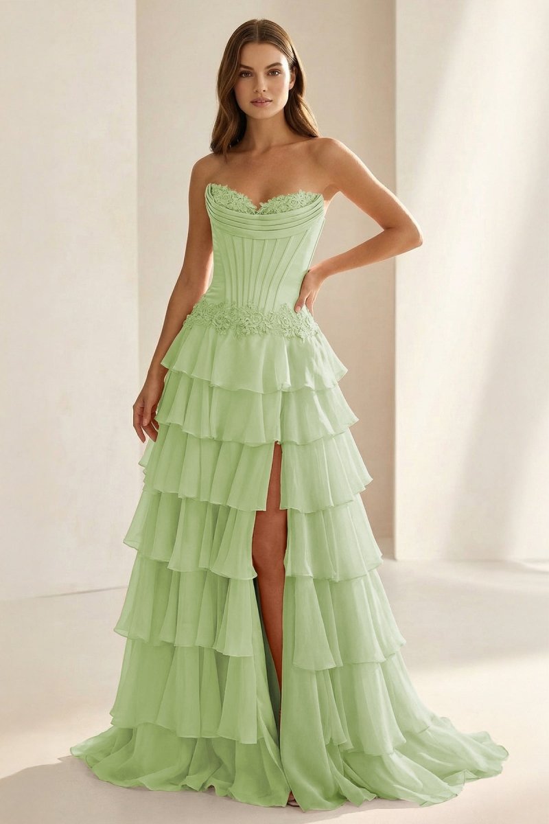 Sweetheart Chiffon Tiered A-Line Prom Dress Off-Shoulder Sleeveless Applique Party Gowns