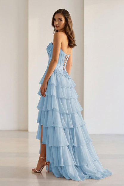 Sweetheart Chiffon Tiered A-Line Prom Dress Off-Shoulder Sleeveless Applique Party Gowns
