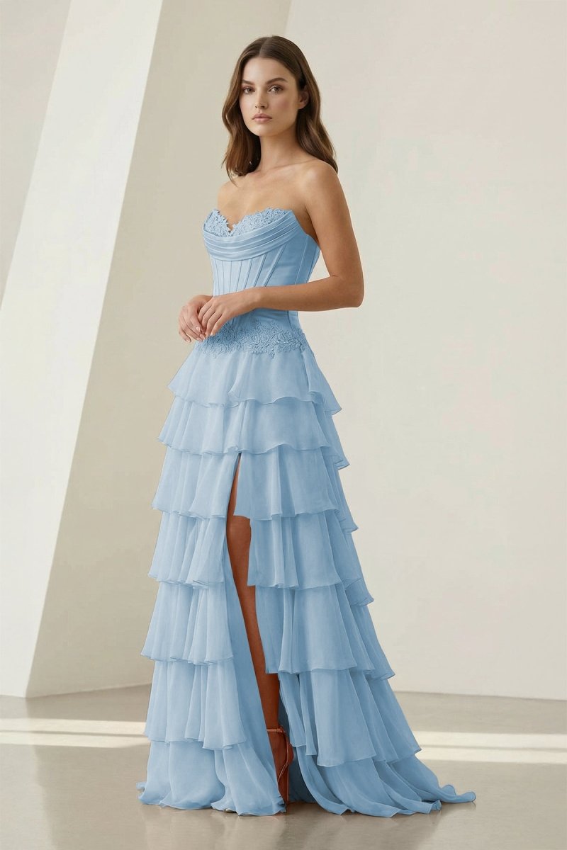 Sweetheart Chiffon Tiered A-Line Prom Dress Off-Shoulder Sleeveless Applique Party Gowns