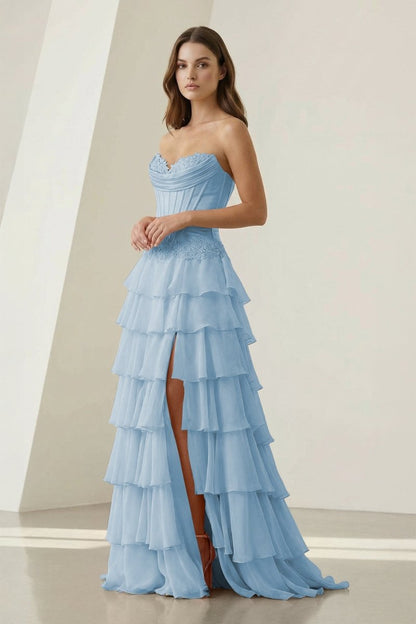 Sweetheart Chiffon Tiered A-Line Prom Dress Off-Shoulder Sleeveless Applique Party Gowns