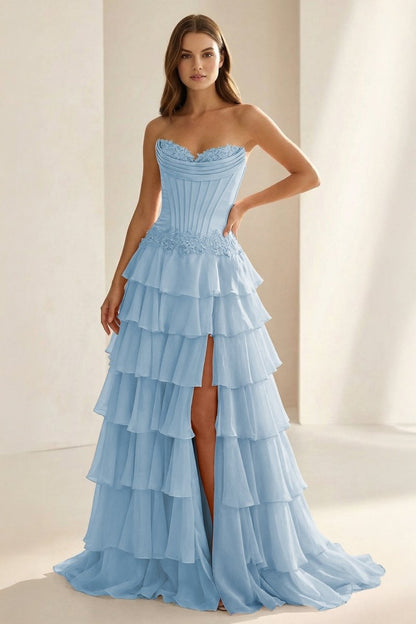 Sweetheart Chiffon Tiered A-Line Prom Dress Off-Shoulder Sleeveless Applique Party Gowns