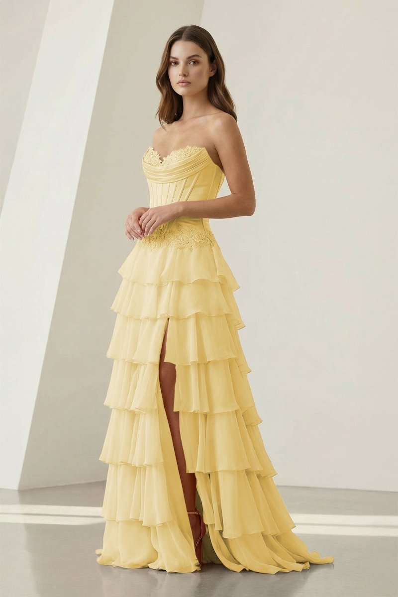 Sweetheart Chiffon Tiered A-Line Prom Dress Off-Shoulder Sleeveless Applique Party Gowns
