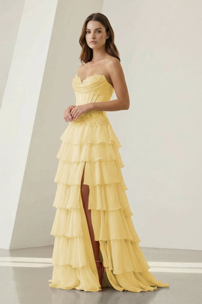 Sweetheart Chiffon Tiered A-Line Prom Dress Off-Shoulder Sleeveless Applique Party Gowns