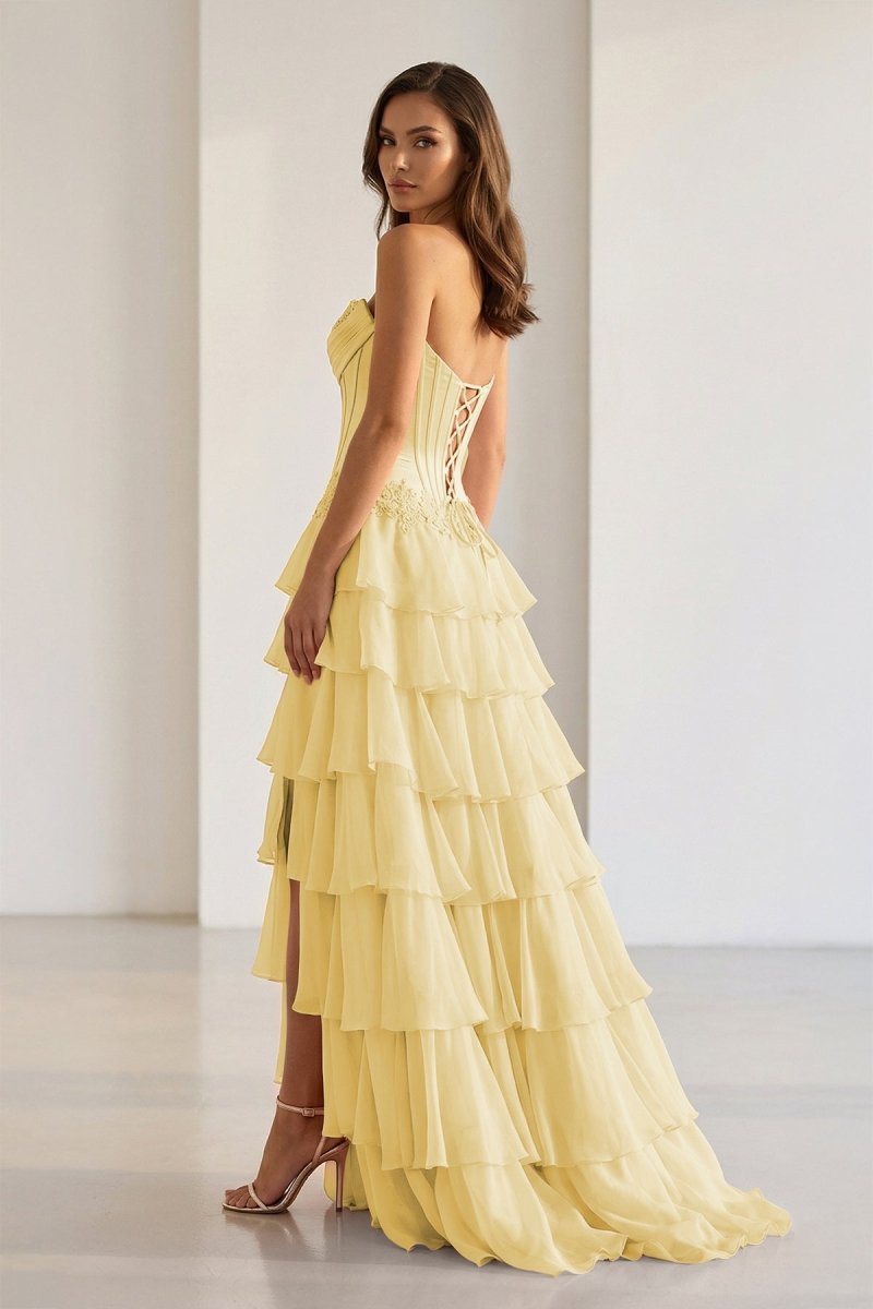 Sweetheart Chiffon Tiered A-Line Prom Dress Off-Shoulder Sleeveless Applique Party Gowns