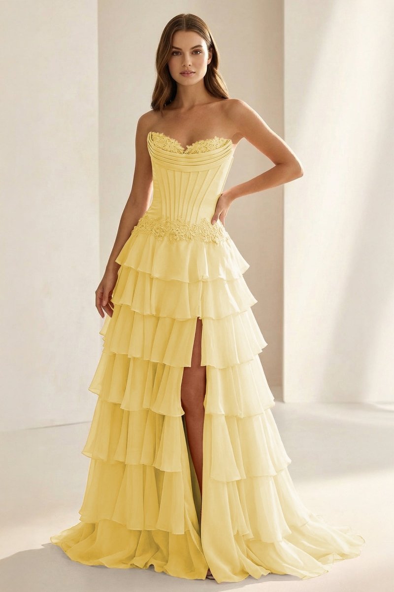 Sweetheart Chiffon Tiered A-Line Prom Dress Off-Shoulder Sleeveless Applique Party Gowns