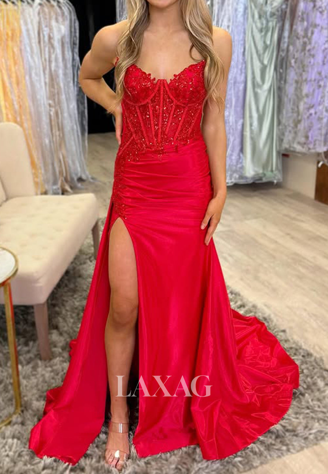 V-Neck Sequined Applique Pleated Evening Gowns Off-Shoulder Sleeveless Sweep Train Mermaid Prom Dress