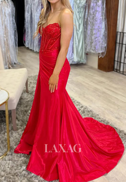 V-Neck Sequined Applique Pleated Evening Gowns Off-Shoulder Sleeveless Sweep Train Mermaid Prom Dress