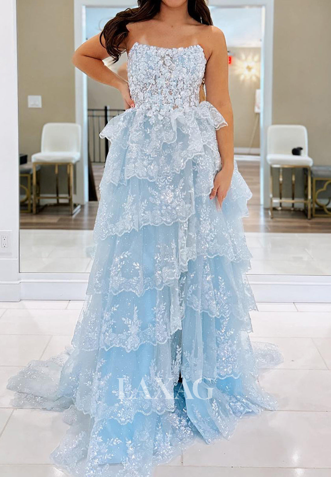 Scoop-Neck Sleeveless Sequined Beaded Applique Pleated Tiered A-Line Prom Dress with Sweep Train