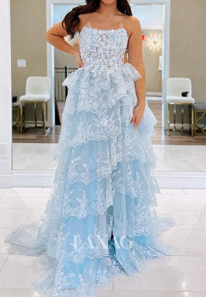 Scoop-Neck Sleeveless Sequined Beaded Applique Pleated Tiered A-Line Prom Dress with Sweep Train