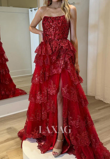 Scoop-Neck Sleeveless Sequined Beaded Applique Pleated Tiered A-Line Prom Dress with Sweep Train