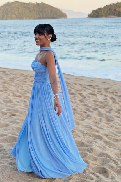 Sweetheart Off-Shoulder Sleeveless Pleated Chiffon High Slit A-Line Prom Dress