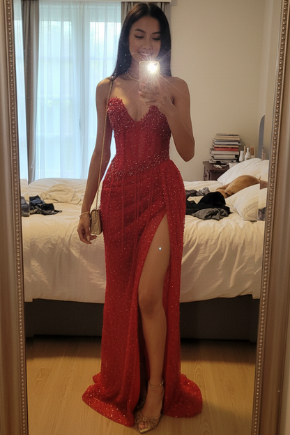 V-Neck Off-Shoulder Sleeveless Mermaid Prom Dress Fully Beaded Pleated High Slit Party Gowns