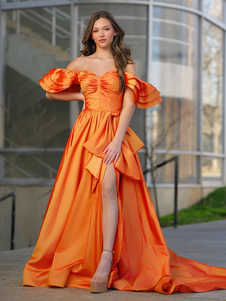Sweetheart Sleeveless Pleated Satin Ruffled Floor-length A-Line Prom Dress with Bow
