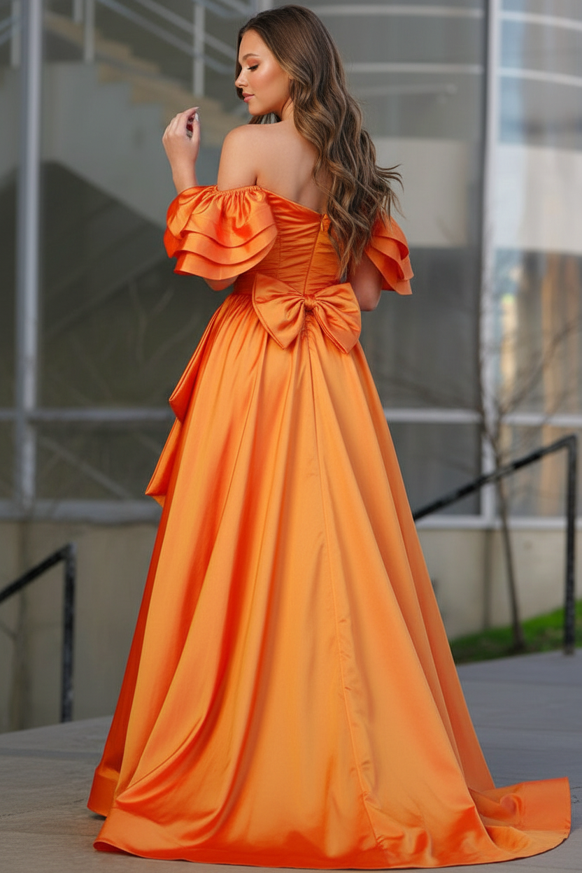 Sweetheart Sleeveless Pleated Satin Ruffled Floor-length A-Line Prom Dress with Bow