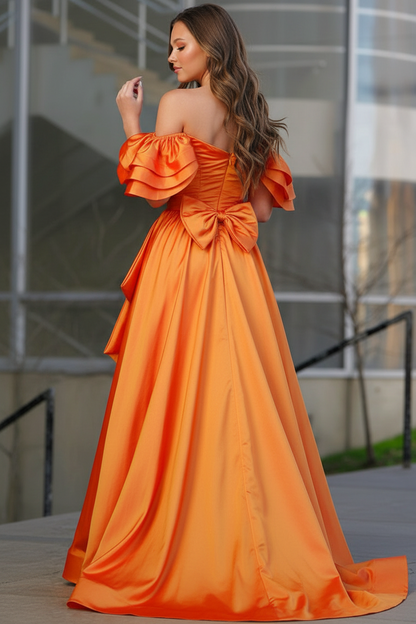 Sweetheart Sleeveless Pleated Satin Ruffled Floor-length A-Line Prom Dress with Bow