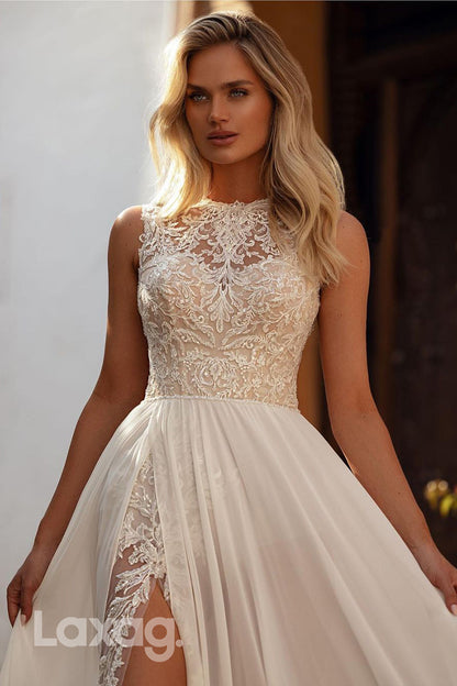 15704 - A Line Bateau Lace Boho Wedding Dress