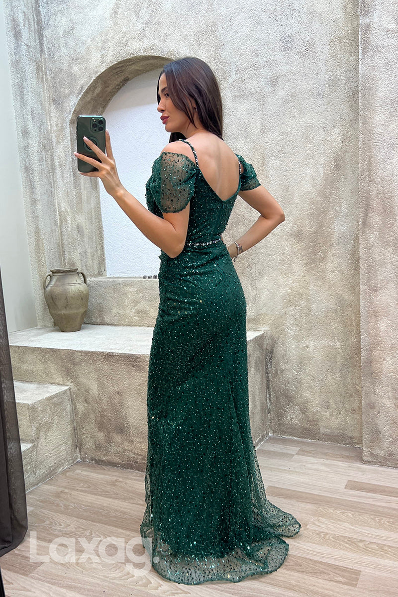 22076 - Spaghetti Straps Fully Sequins Mermaid Long Formal Prom Dress with Slit