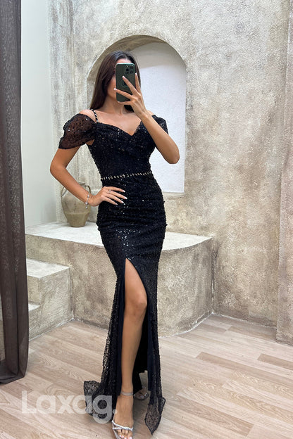 22076 - Spaghetti Straps Fully Sequins Mermaid Long Formal Prom Dress with Slit