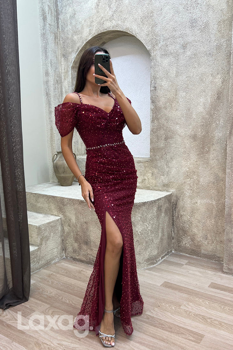 22076 - Spaghetti Straps Fully Sequins Mermaid Long Formal Prom Dress with Slit