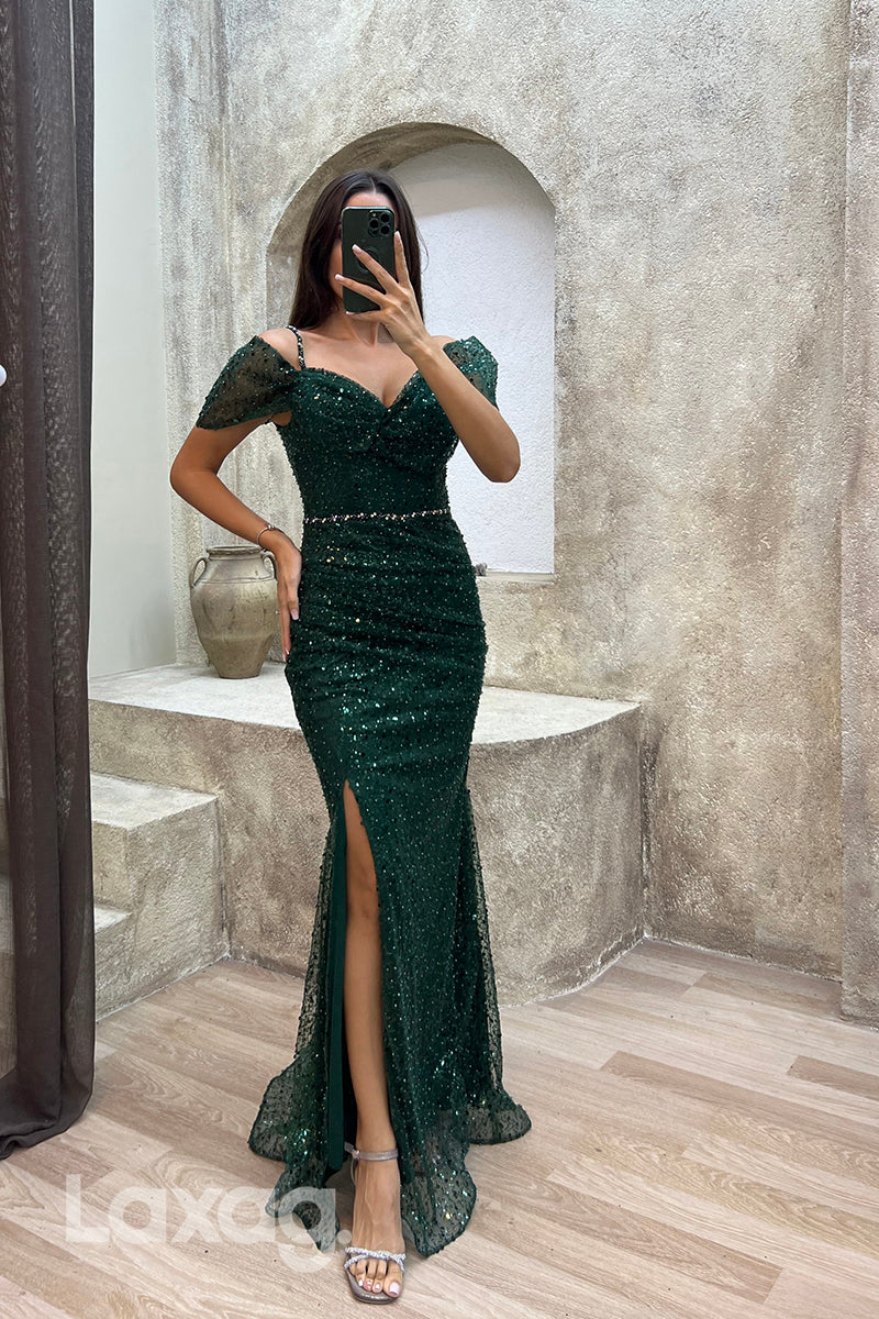 22076 - Spaghetti Straps Fully Sequins Mermaid Long Formal Prom Dress with Slit