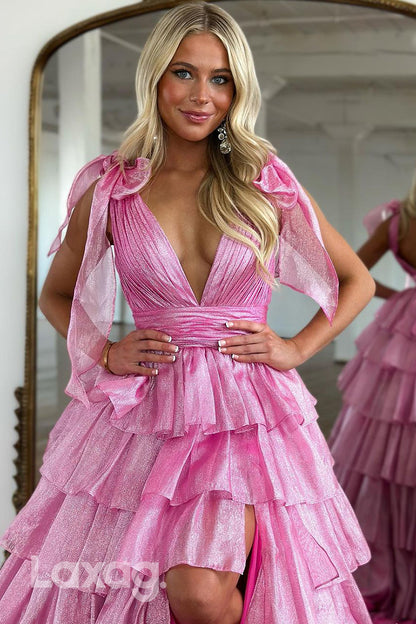21954 - Plunging V neck Tiered Pink New Long Semi Formal Prom Dress