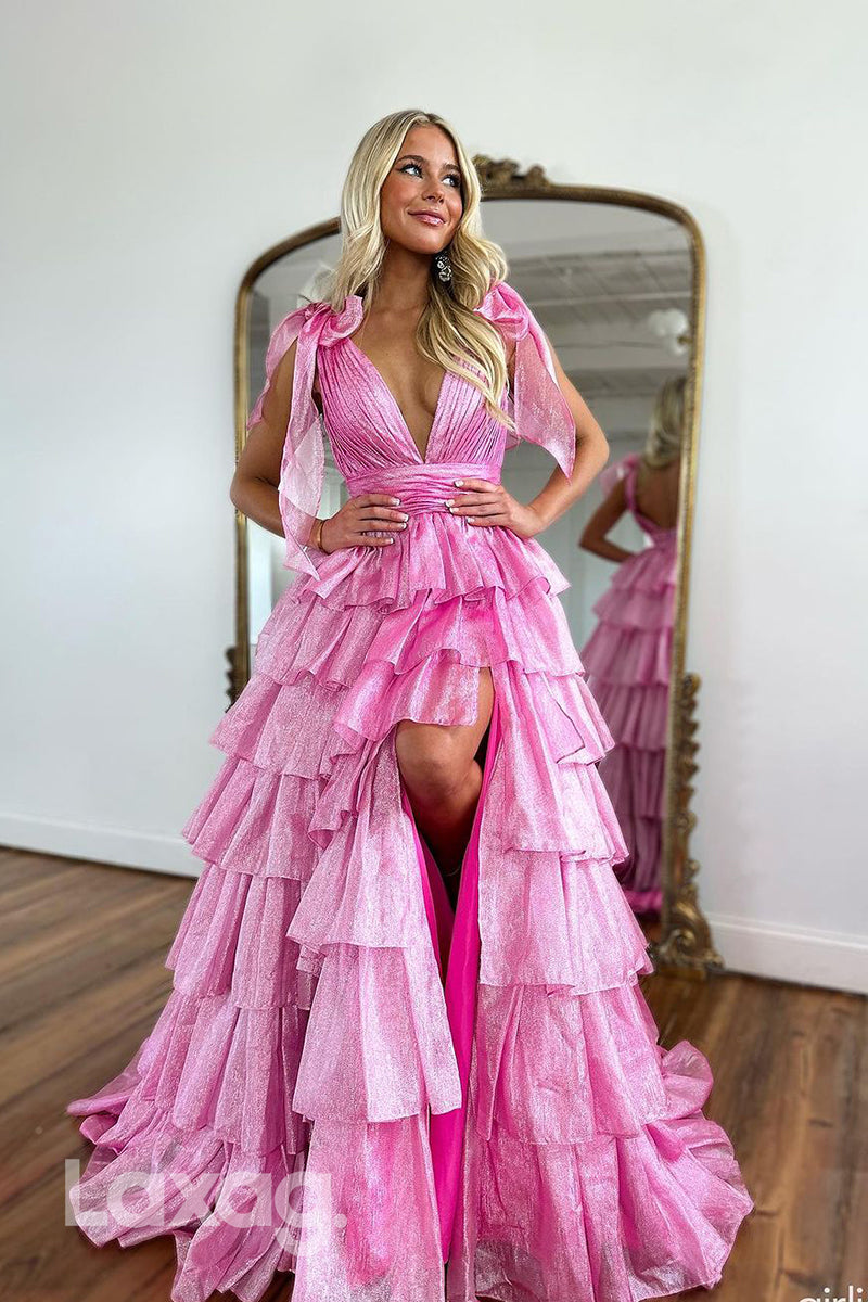 21954 - Plunging V neck Tiered Pink New Long Semi Formal Prom Dress