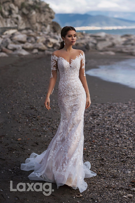15737 - Illusion V neck Lace Appliques Mermaid Wedding Dress with Sleeves