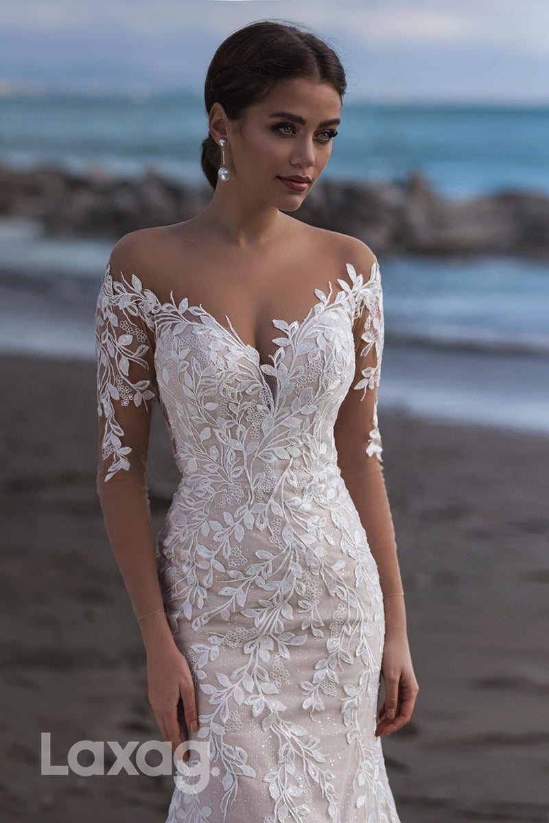 15737 - Illusion V neck Lace Appliques Mermaid Wedding Dress with Sleeves