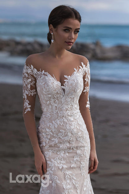 15737 - Illusion V neck Lace Appliques Mermaid Wedding Dress with Sleeves