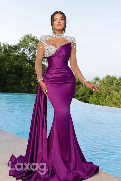 21904 - Illusion Neckline Beads Long Sleeves Mermaid Long Formal Prom Dress