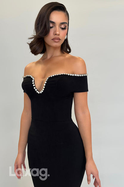 21906 - Off Shoulder Beads Black Mermaid Long Formal Evening Dress